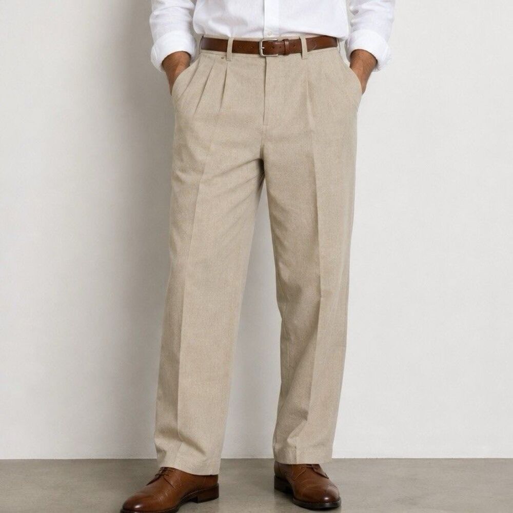 Haggar 38x30 Pleated Linen Blend Dress Pants Tan Beige Classic Fit Mens 38 30